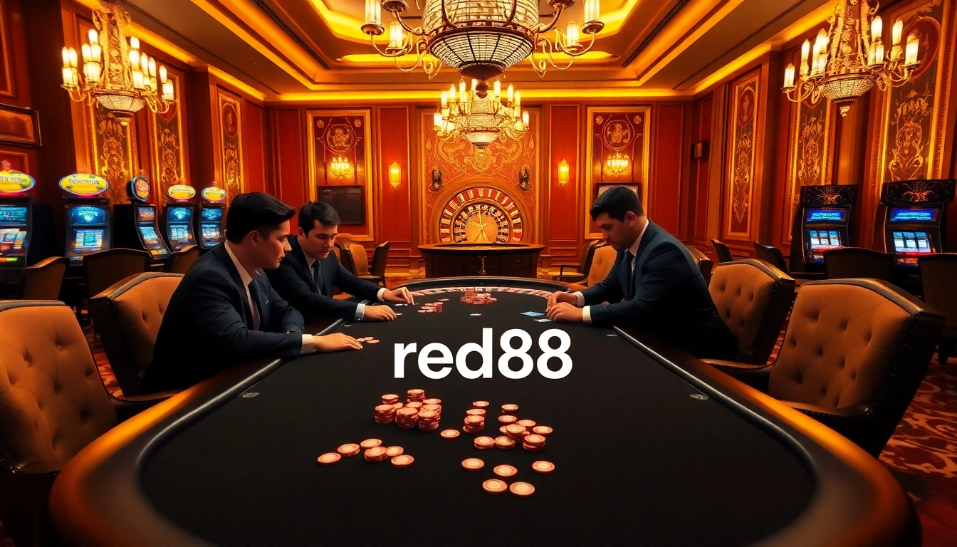 Players strategizing at a poker table in a red88 casino, showcasing excitement and luxury.