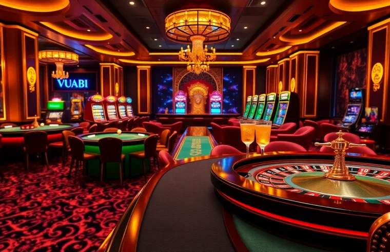 Experience the excitement of Vuabai9 online casino with luxury tables and vibrant slot machines.