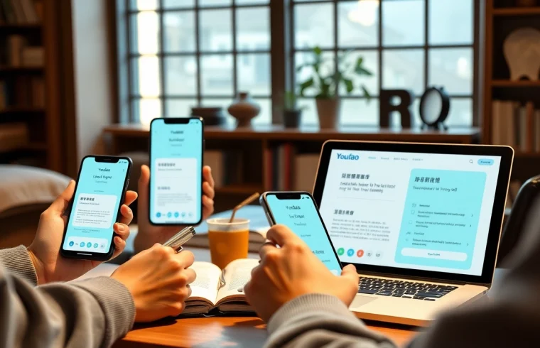 Youdao translation app displayed on devices, showcasing its innovative interface, emphasizing learning and translation.