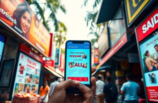 Sri Lanka Ads marketplace scene showcasing vibrant digital billboards and mobile devices featuring local ads.