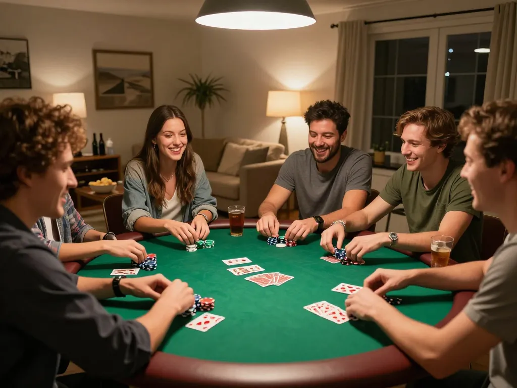 Friends engaged in a lively poker game at home, capturing the spirit of TIP88 gaming nights.