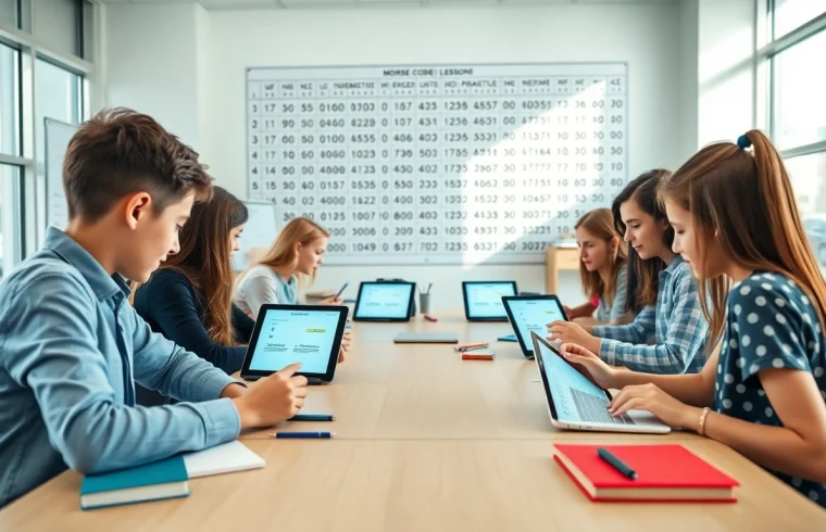 Interactive Morse code table displayed in a bright classroom setting, highlighting educational engagement.