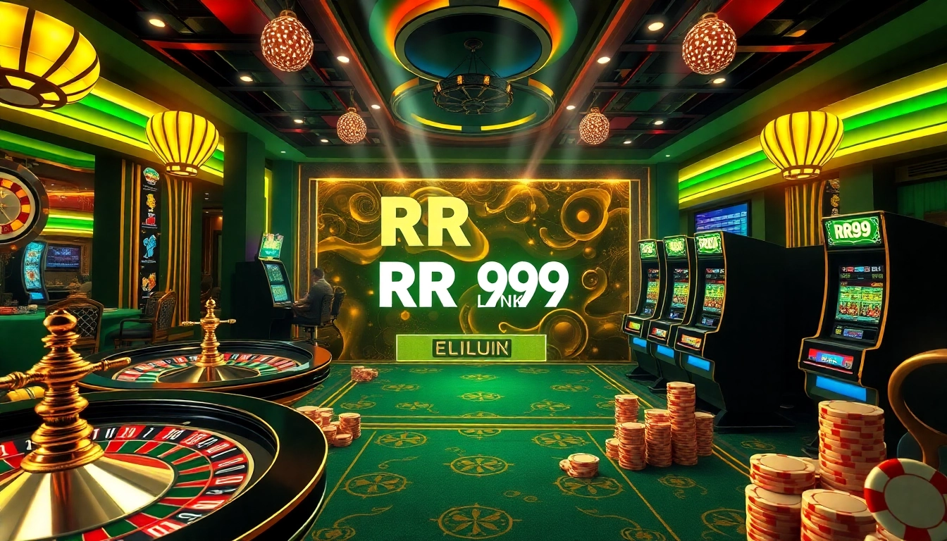Experience the thrill of gambling with RR99 LINK, featuring colorful roulette wheels and vibrant slot machines.