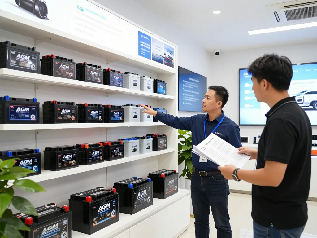 Kennismaker die AGM batterijopties toont in een moderne showroomomgeving.