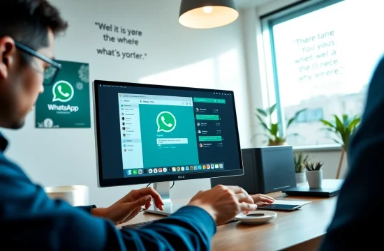 在现代桌面设置中使用 WhatsApp Web，展示消息界面与专业元素。