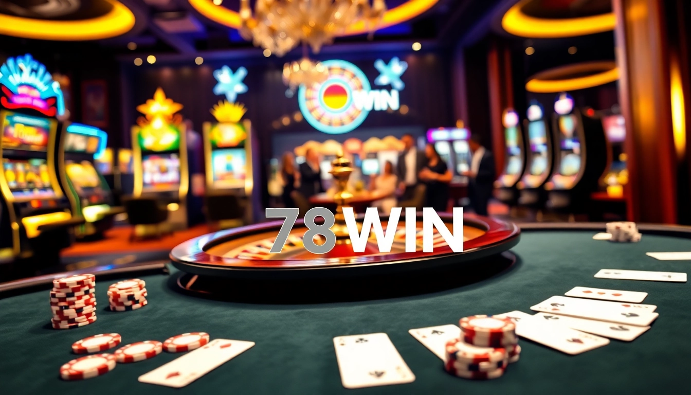 Engaging scene of a poker game at 78WIN casino, featuring vibrant chips and a roulette wheel.