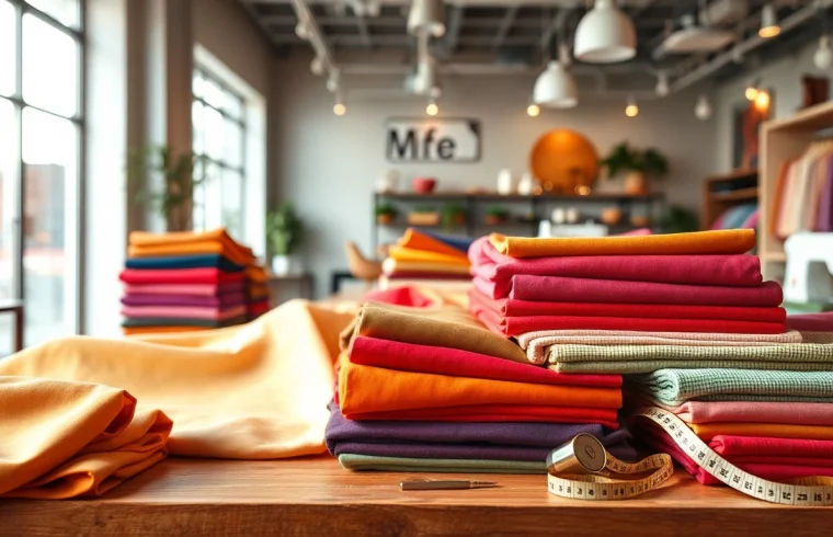 Bekijk stoffen online in een kleurrijke showroom met verschillende textielstalen.