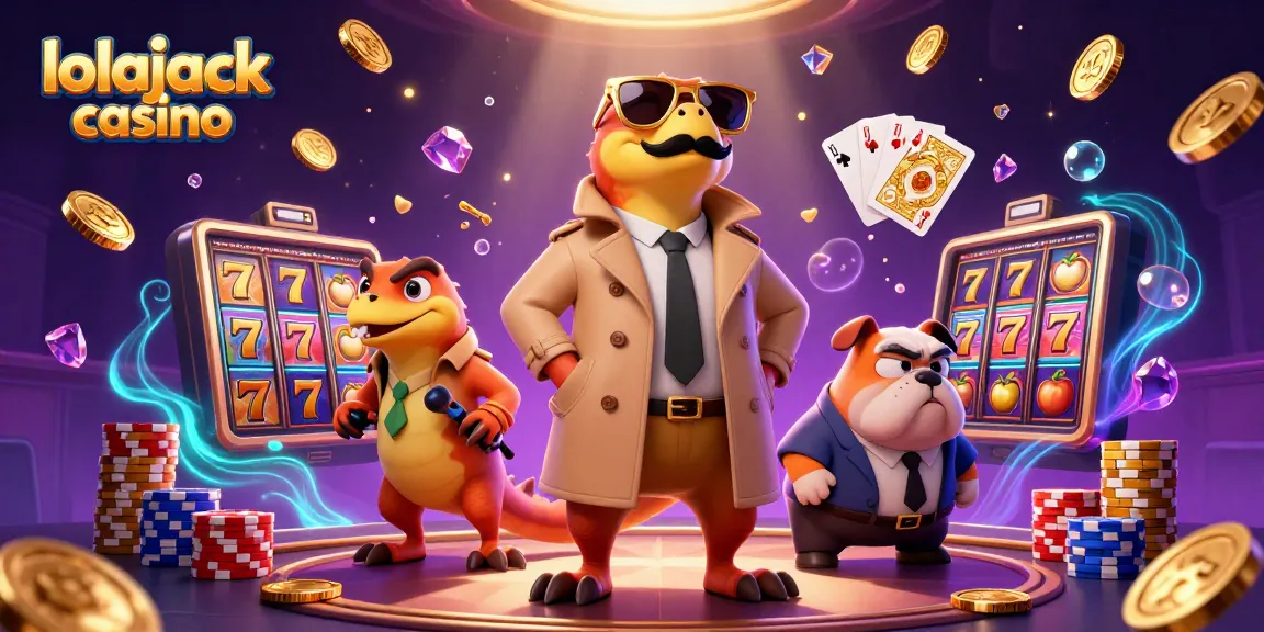 Experience thrilling gaming at lolajack casino with raptors and a bulldog in a vibrant casino scene.