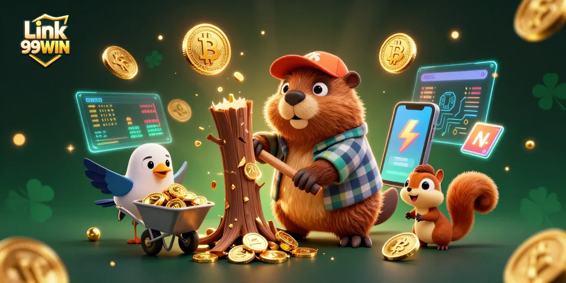 Unleash your winnings with Link 99WIN as the lucky beaver collects golden coins in a vibrant casino world.