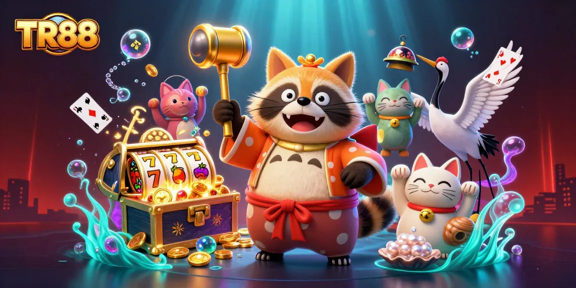 Engage with TR88 slot game opportunities, featuring an elaborate scene with vibrant characters and dynamic gaming elements.