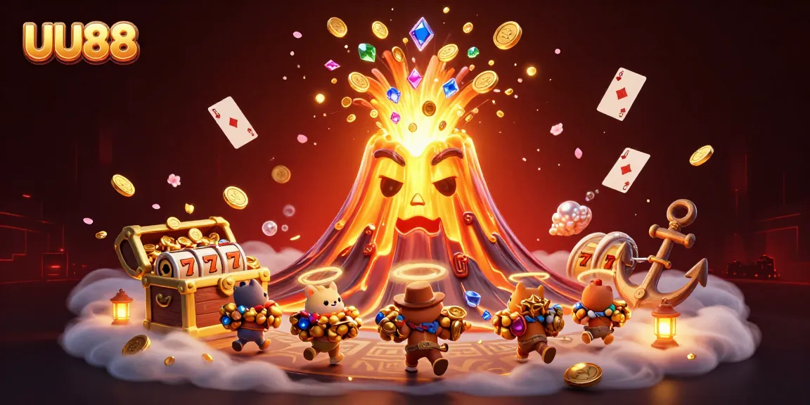 Experience thrilling wins with UU88, featuring vibrant casino elements and treasure in a dynamic scene.